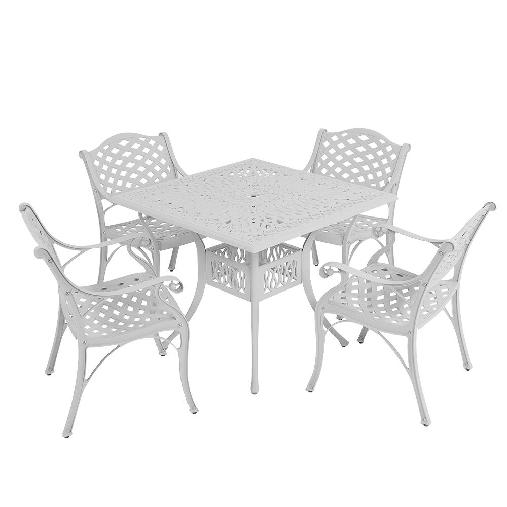 4 Seater - Lattice Aluminium Patio Set / Garden Furniture / Outdoor Dining Set    (4 Lattice Chairs with 90cm x 90cm Square Elizabeth Table) - WHITE