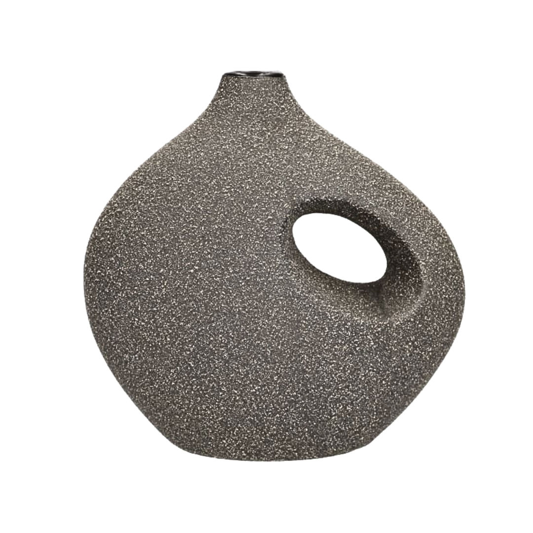 Danny Home Modern Asymmetric Ceramic Pitcher Flower Vase with Cutout Handle (21 x 11.5 x 20.7cm) – Textured Speckled Charcoal Black