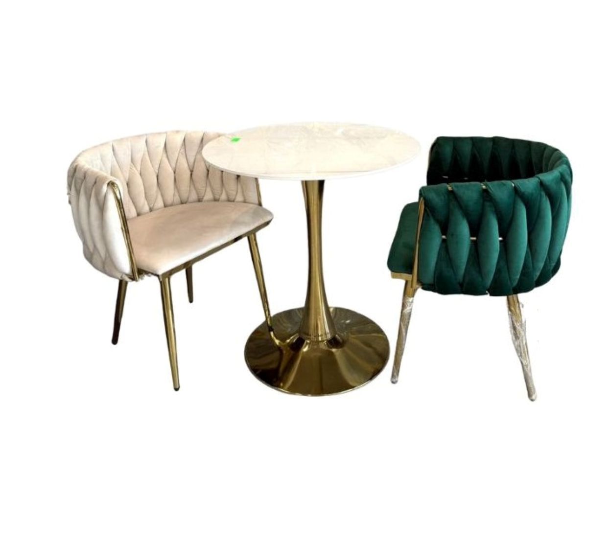 Modern 3-Piece Dining Set with Marble Table Top, Gold Metal Base, Velvet Tufted Chairs in Cream and Emerald Green