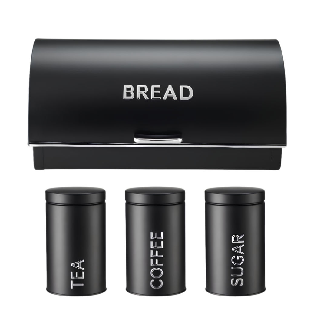 4-Piece Kitchen Countertop Storage Set – Matte Black Metal Roll-Top Bread Bin & Matching Tea, Coffee, Sugar Canisters with Silver Embossed Text