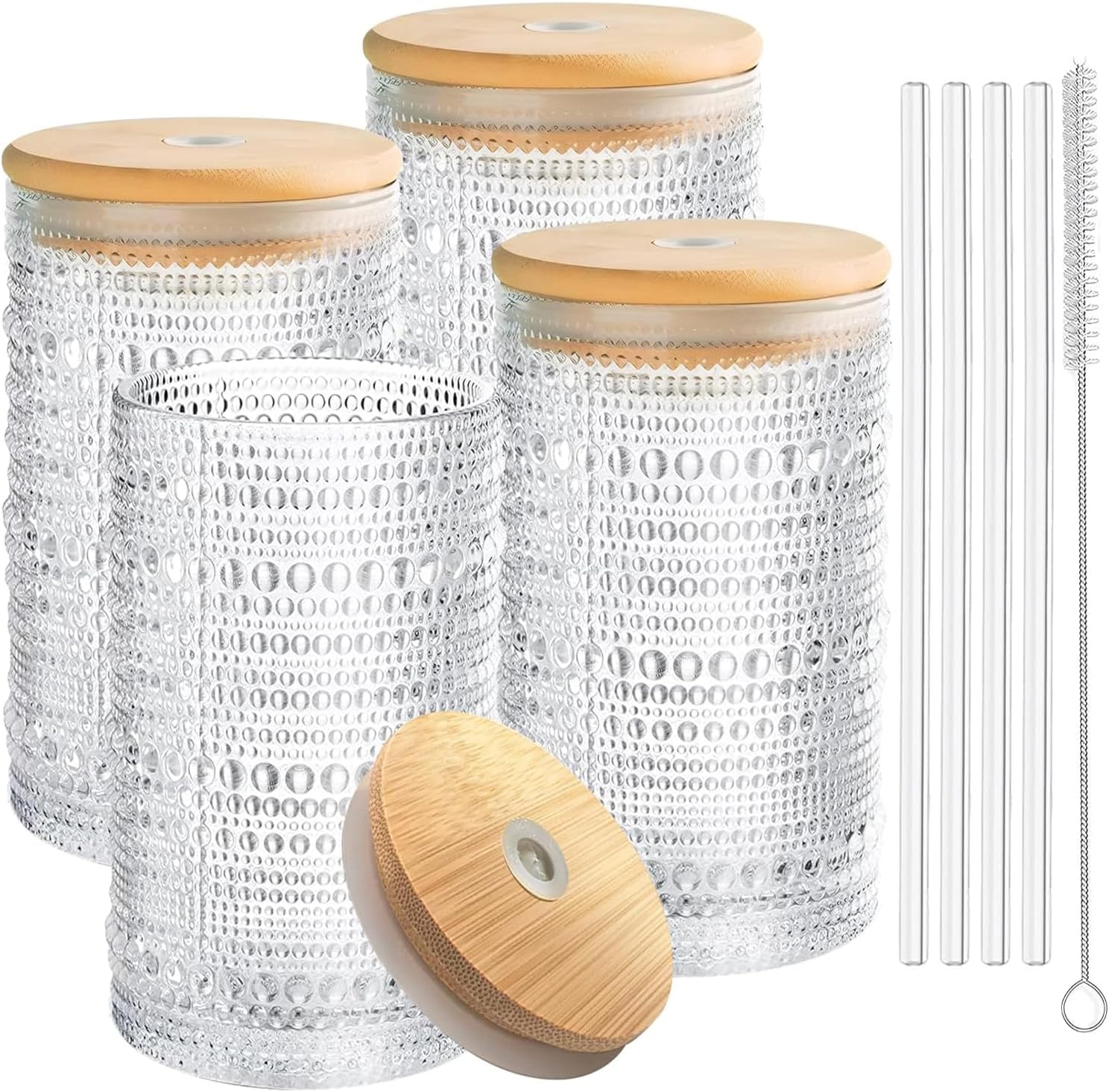 4 Pack Vintage Hobnail Drinking Glasses With Bamboo Lid & Glass Straw-500ml