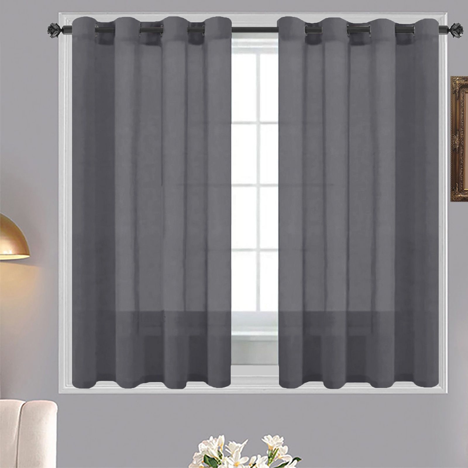Matoc Designs Café Curtain - Mystic Voile - Dark Grey - Eyelet - 110cm W x 123cm H -  2 Pack