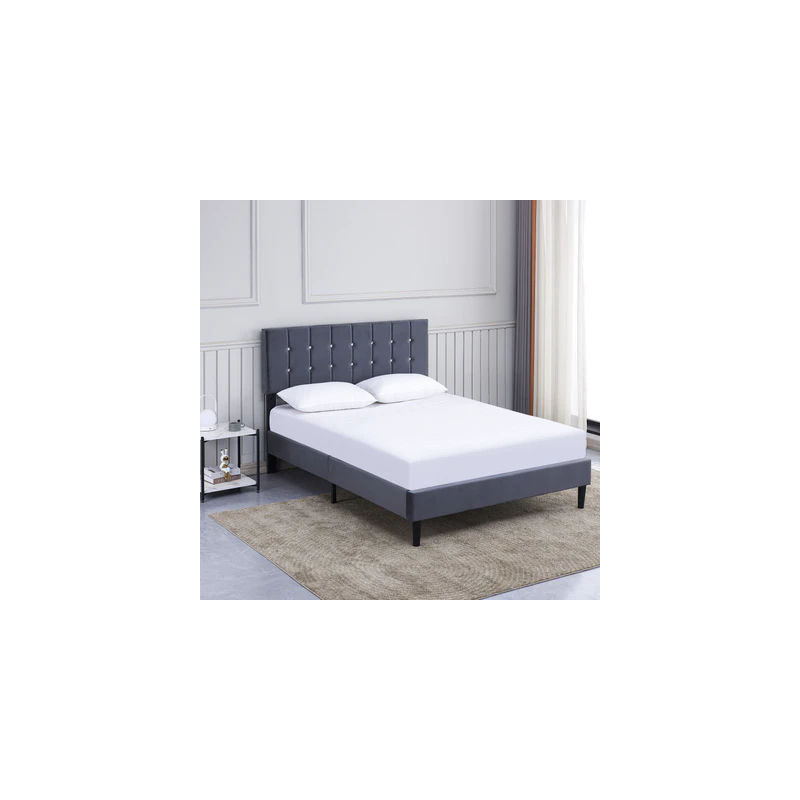 Charleston Grey Velvet Upholstered Bed Base With Headboard- Double
