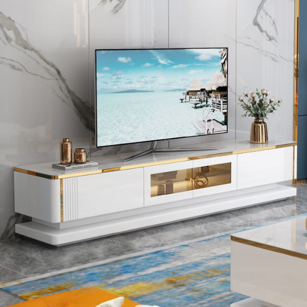 Kova Modern Gloss TV Stand with Gold Trim, Glass Display Storage White/Gold