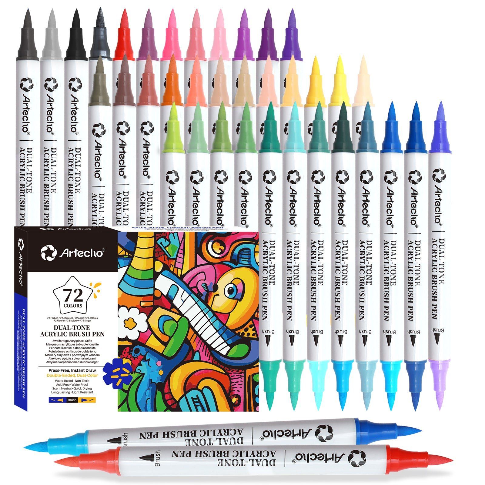 Artecho Double Tip Dual-Tone Acrylic Marker Set - 72 Colours - 0.5-5mm Line Width