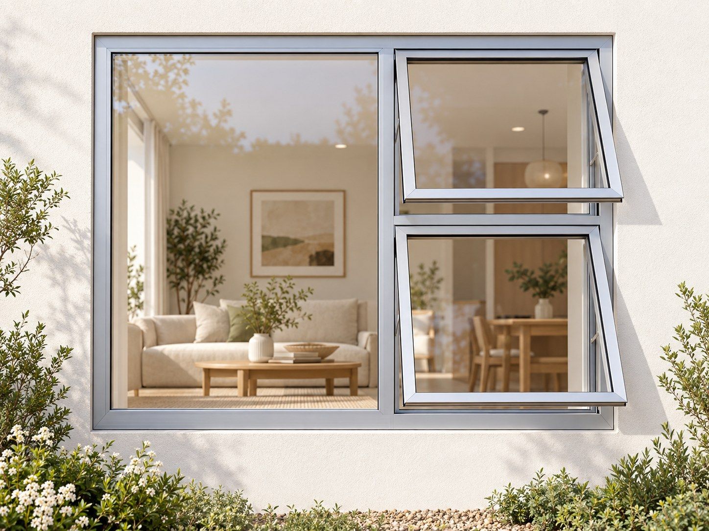 Kenzo Premium Top-Hung Aluminium Window - Silver, 1500 1200 mm, Right Two Openers with Fixed Side Pane, Clear Glass