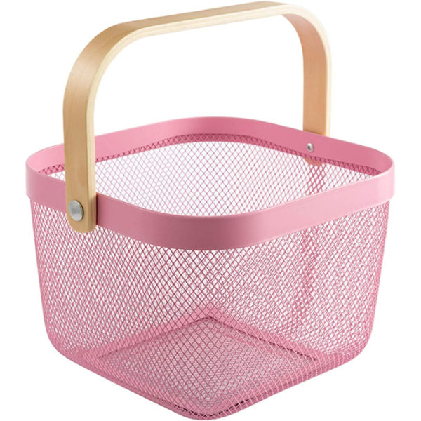 Mesh Storage Basket with Wooden Handle - Small - Pink