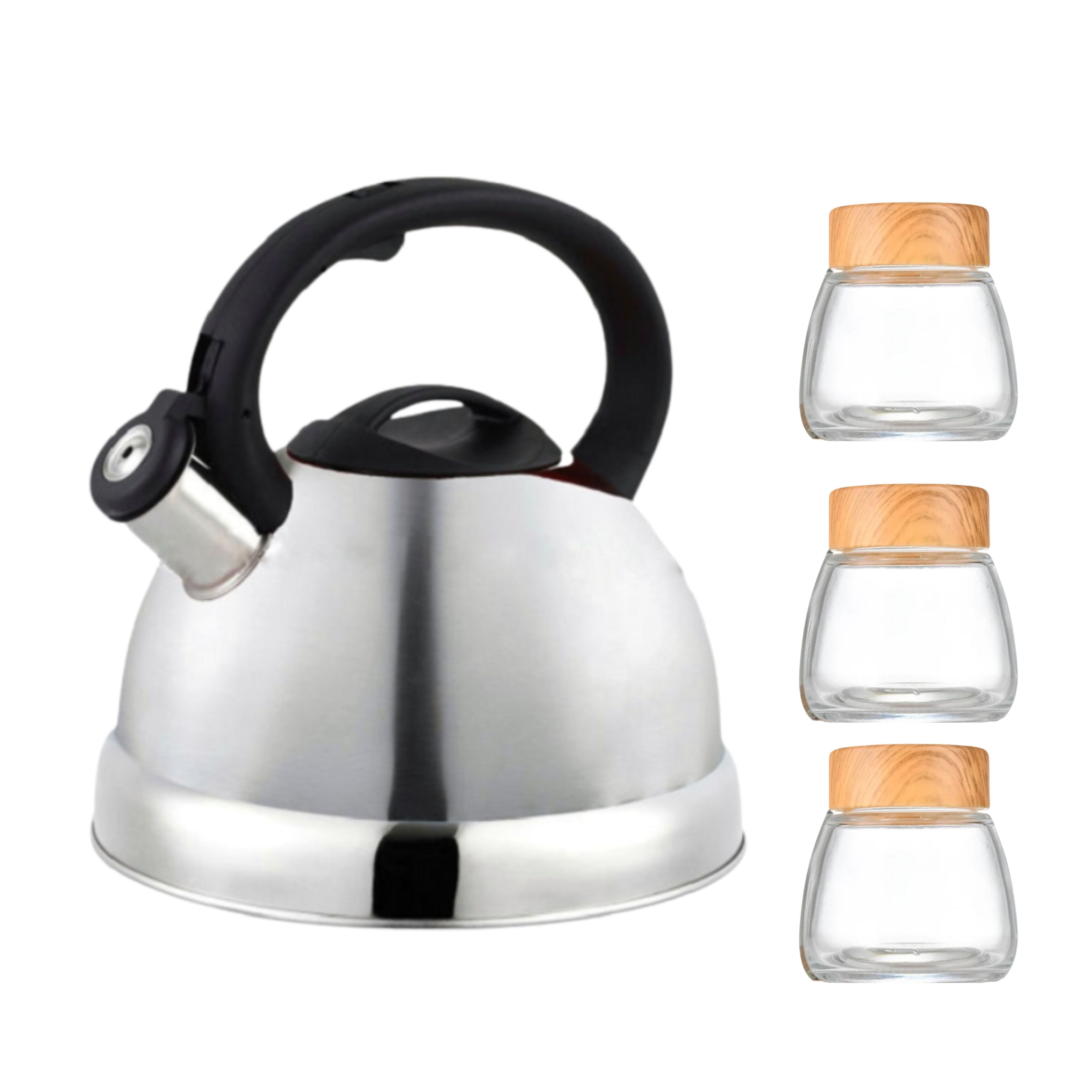 Ecco Stainless Steel Stove Top Whistling Kettle Silver and 3 Glass Jar Combo