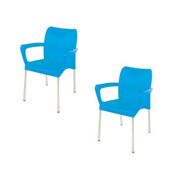 Heavy Duty Plastic Stacking Chair – Bistro Design with Armrests - Sky Blue - Set of 2