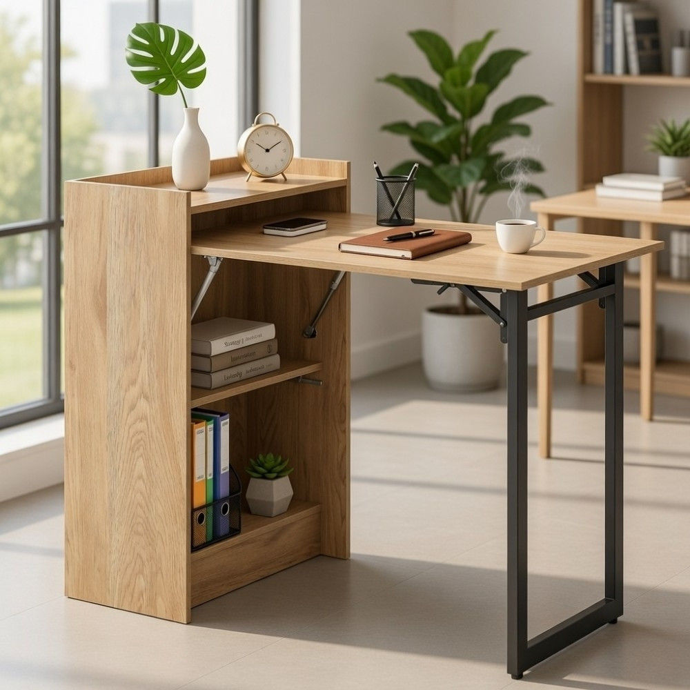 Bragg Essential Foldable Work Desk with Storage Shelves, Oak & Black