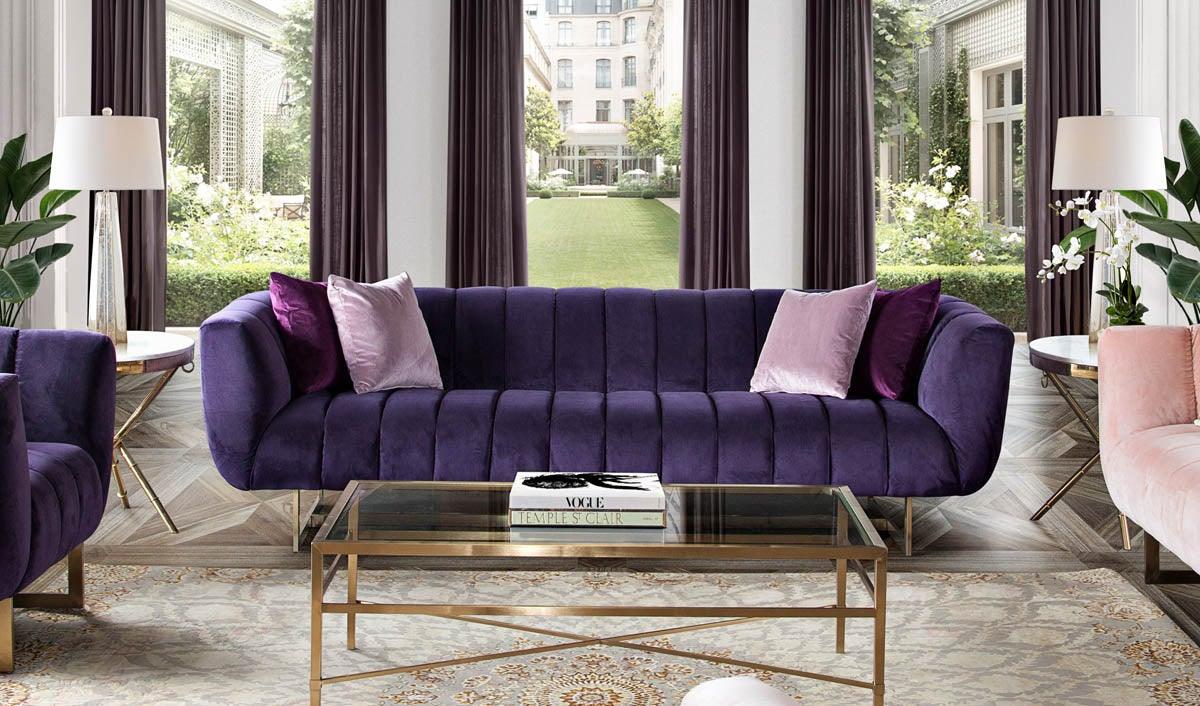 Fio Furniture Purple Velvet Symmetrical 3 seater Sofa