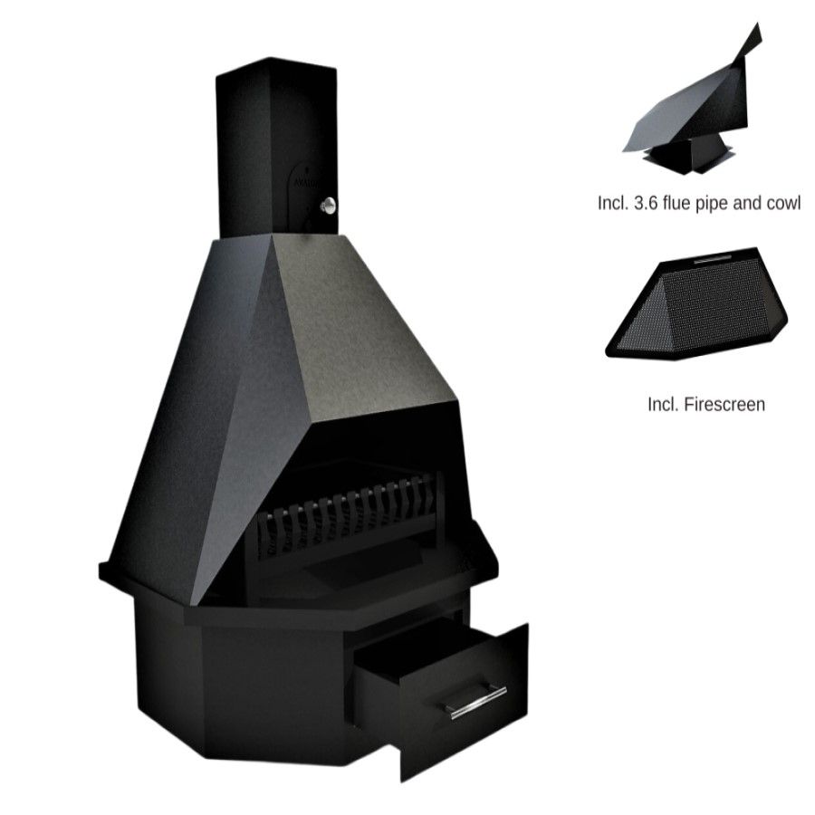 Avalon Hex Fireplace (700mm) incl. small base and cowl, 3.6m Flue, and Firescreen