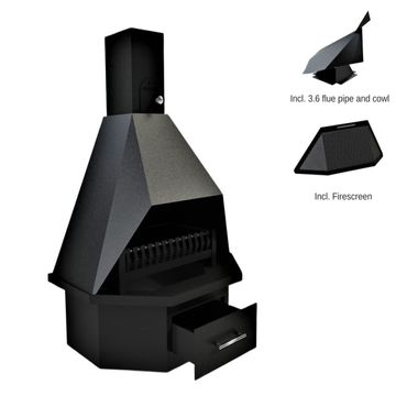 Avalon Hex Fireplace (700mm) incl. small base and cowl, 3.6m Flue, and Firescreen