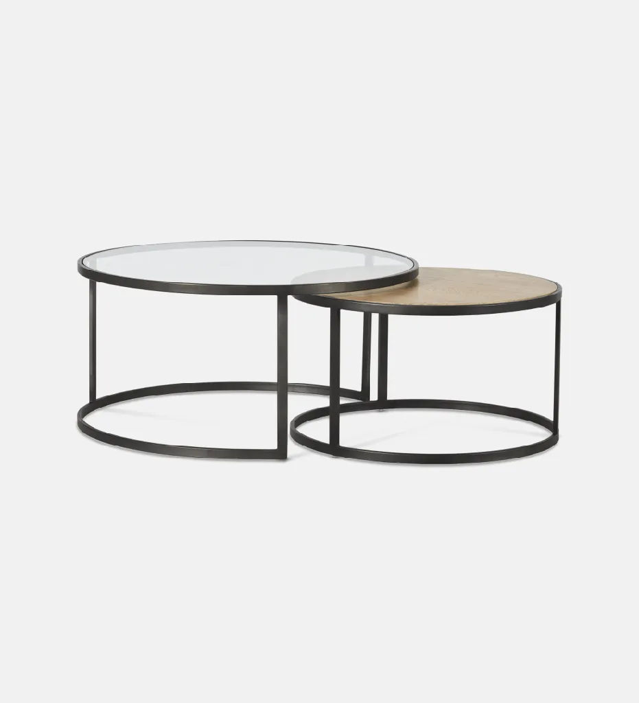 QandAHome-Halo Minimalist Glass and Wooden Nesting Tables