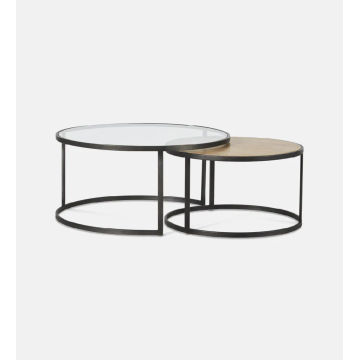 QandAHome-Halo Minimalist Glass and Wooden Nesting Tables
