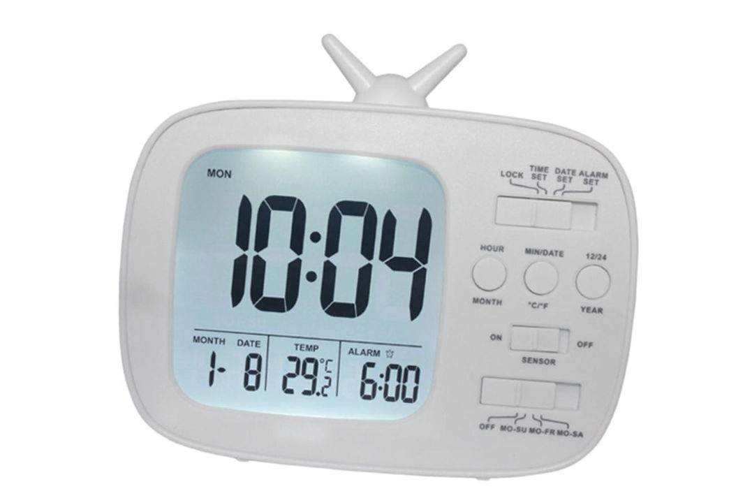 Classy TV Shape Digital Alarm Clock / Temperature & Calendar - White