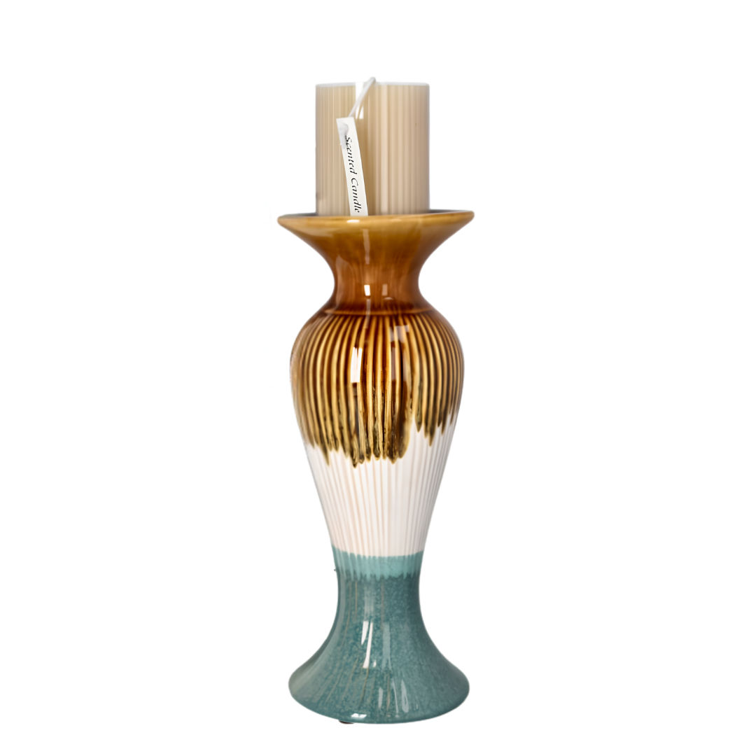 Danny Home Tall Fluted Ceramic Pillar Candle Holder & Flower Vase (10.2 x 10.2 x 28.2cm) – Olive Amber, Cream & Sage Teal