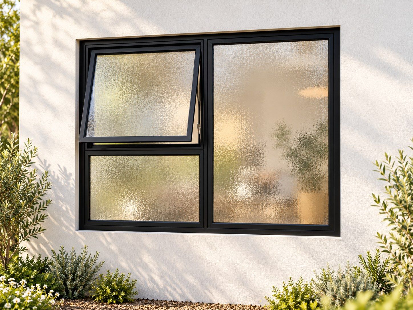 Kenzo Premium Top-Hung Aluminium Window - Black, 1200 900 mm, Left Upper Opener with Fixed Lower and Side Panes, Obscure Safety Glass