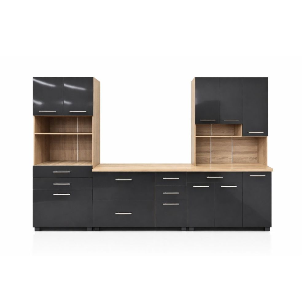 Classic Kitchen Cabinet Set 2950mm – High-Gloss Doors, Oak-Tone Panels and Chrome Handles