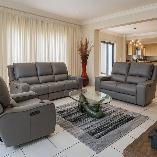 KC Furn- Wade Genuine Leather Electric Recliner Sofa Set (Grey)