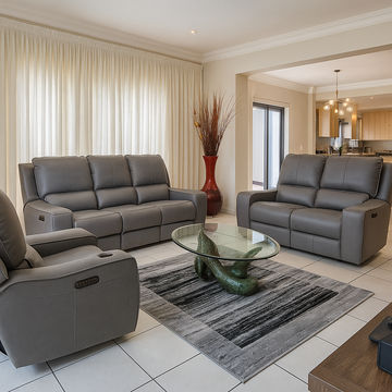 KC Furn- Wade Genuine Leather Electric Recliner Sofa Set (Grey)