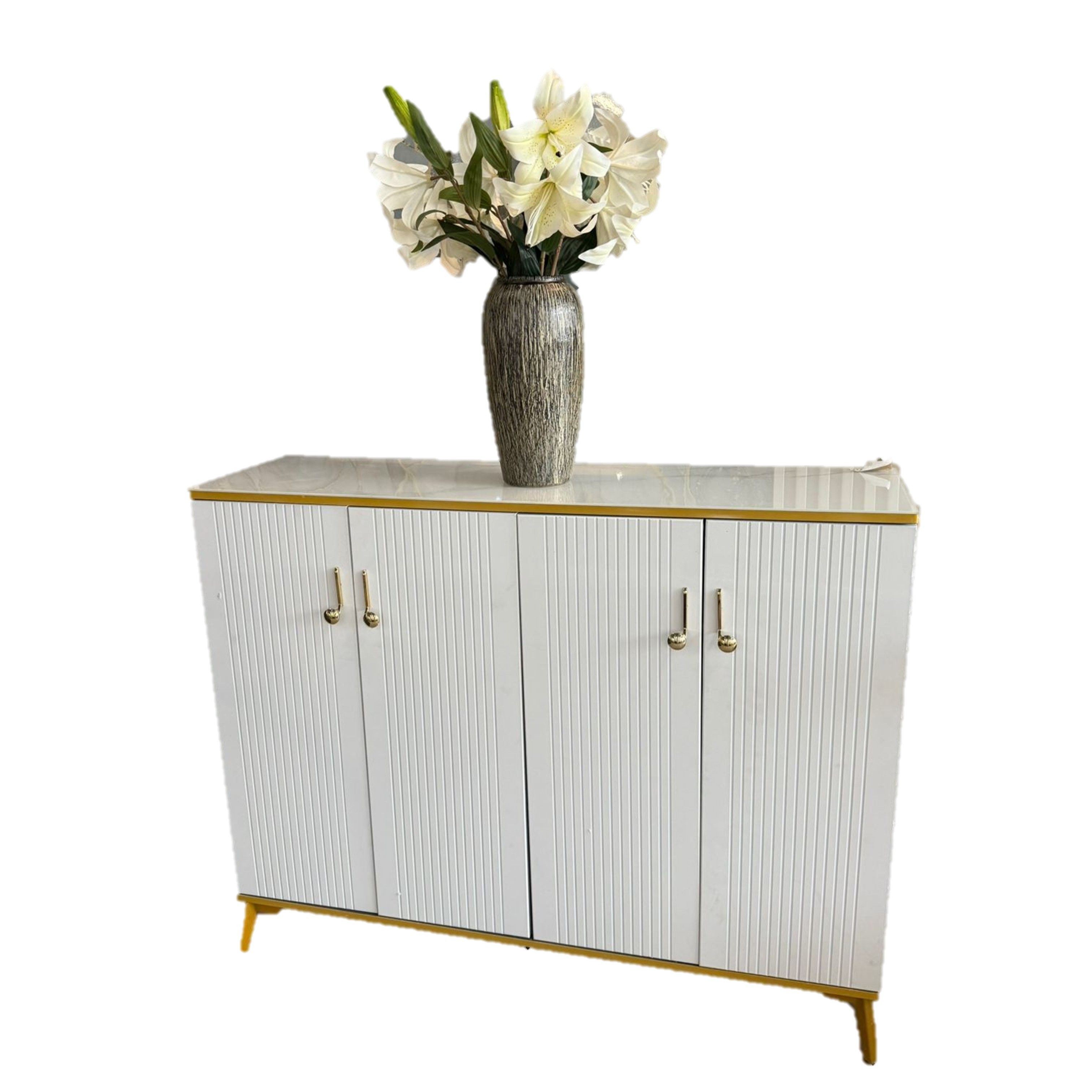 4 Door Modern White and Gold Shoe Storage Cabinet