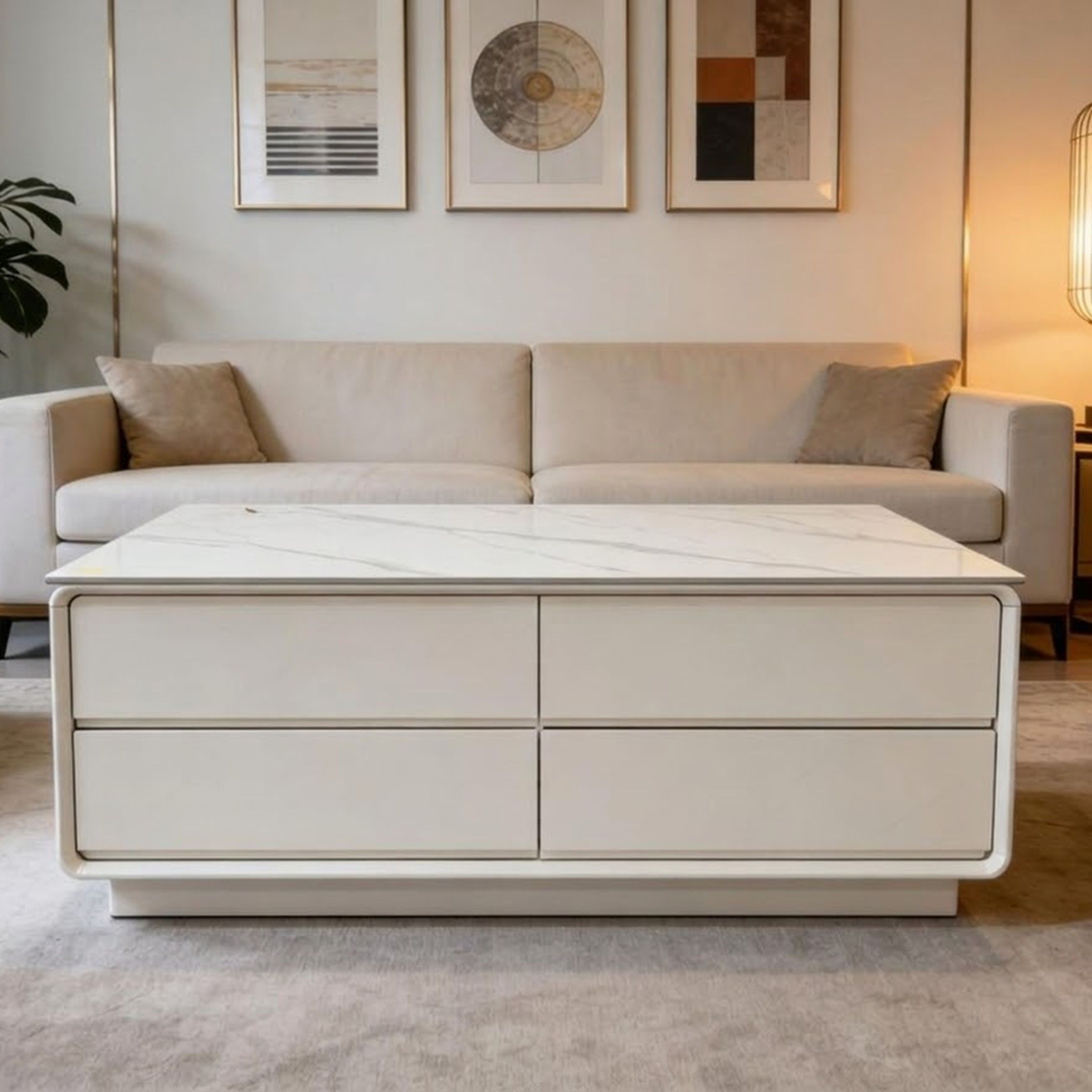 Madiega Furniture - Modern White Marble-Top Coffee Table with 4 Drawers - 130cm