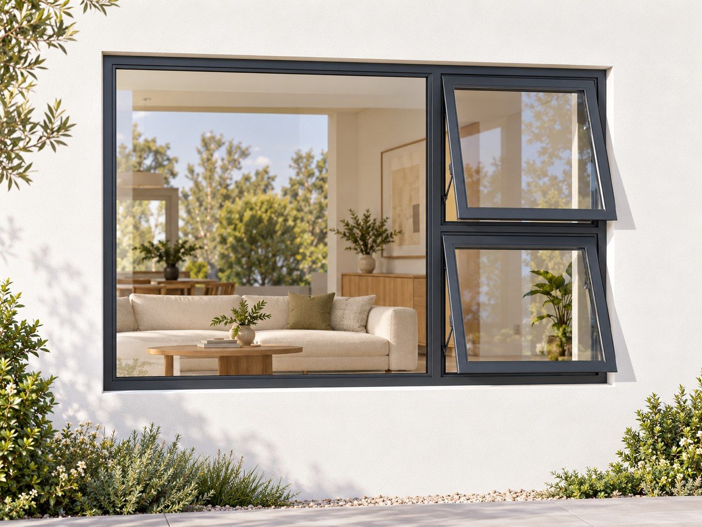 Kenzo Premium Top-Hung Aluminium Window - Charcoal, 2100 1200 mm, Right Two Openers with Fixed Side Pane, Clear Glass