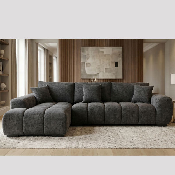 Lucky Furn Channel-Chr L-Shape Fabric Sofa with Chaise - Charcoal