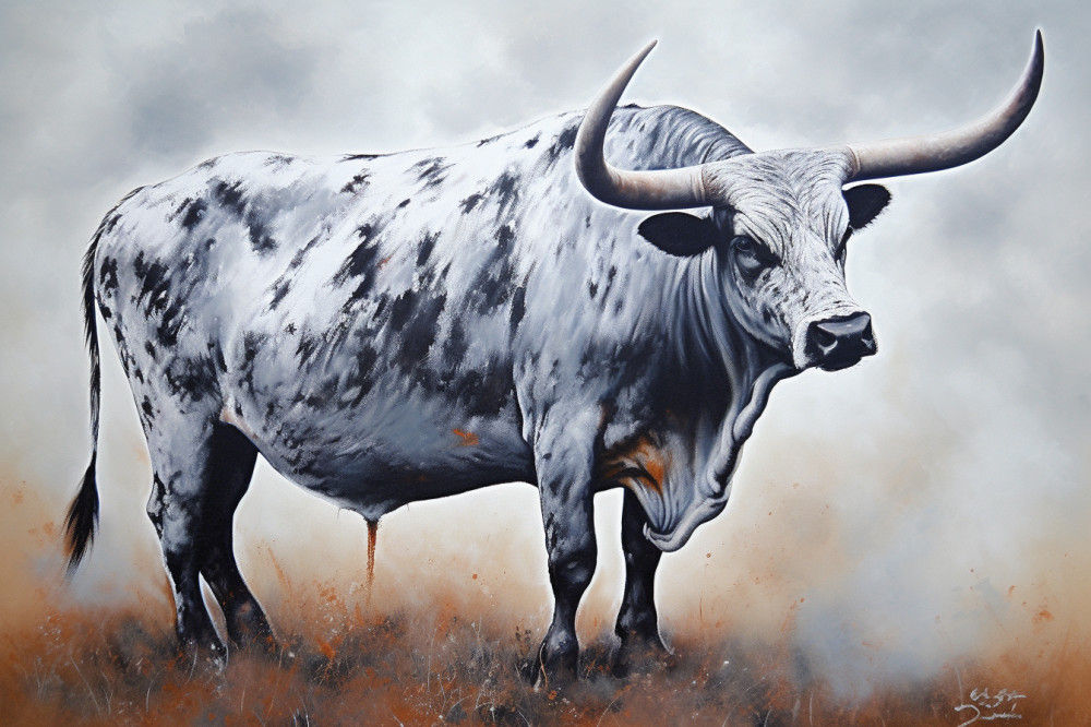 Canvas Wall Art - Large Nguni Bull Painting.  - A1605 - [120 x 80 cm]
