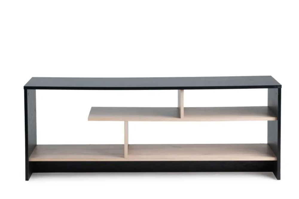 Modern Multi-Level TV Stand – Black & Oak Media Unit with Subwoofer Storage
