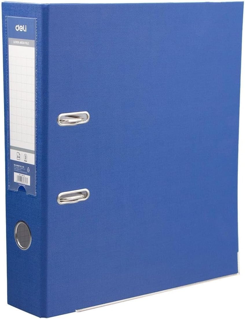 Deli Lever Arch File A4 76mm Half Coated Rado Lock & Metal Protective Rail, PP Blue 50 PCS