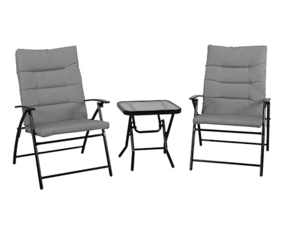 3 Piece Folding Patio Set With Padded Chairs and glass top Table