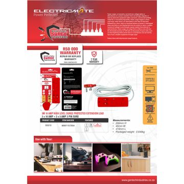 ELECTRICMATE 10 AMP HIGH LEVEL SURGE EXTENSION LEAD 3M