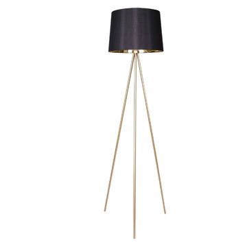 LAMP FLOOR-METAL TRIPOD-BLACK & GOLD SHADE 155cm H