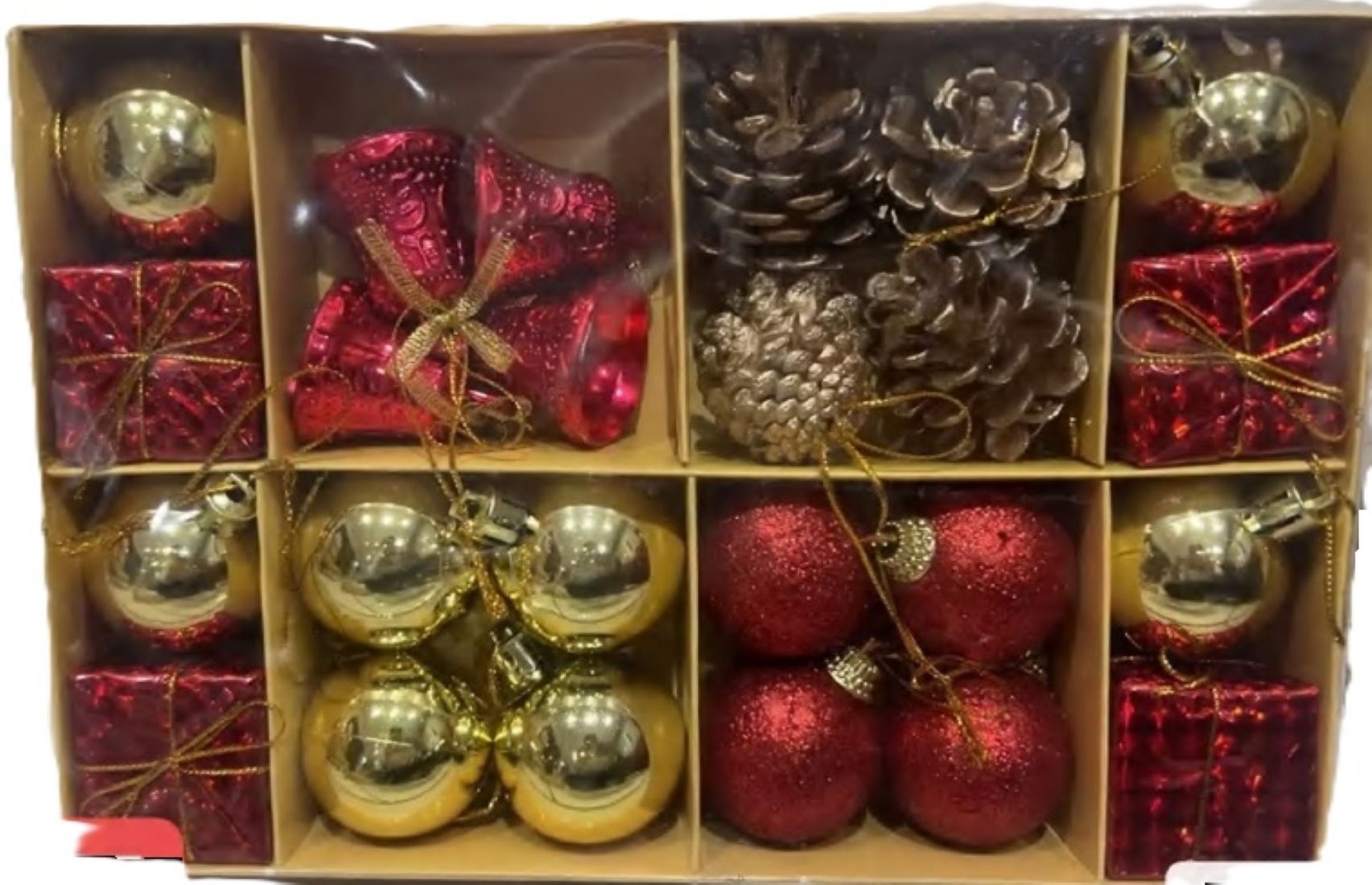 Christmas Tree Ornaments Set, Red and Gold Baubles, Pine Cones, Gift Box Decorations, 24 Pieces