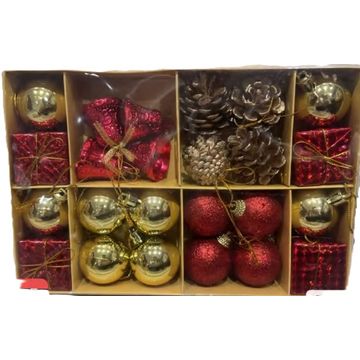 Christmas Tree Ornaments Set, Red and Gold Baubles, Pine Cones, Gift Box Decorations, 24 Pieces