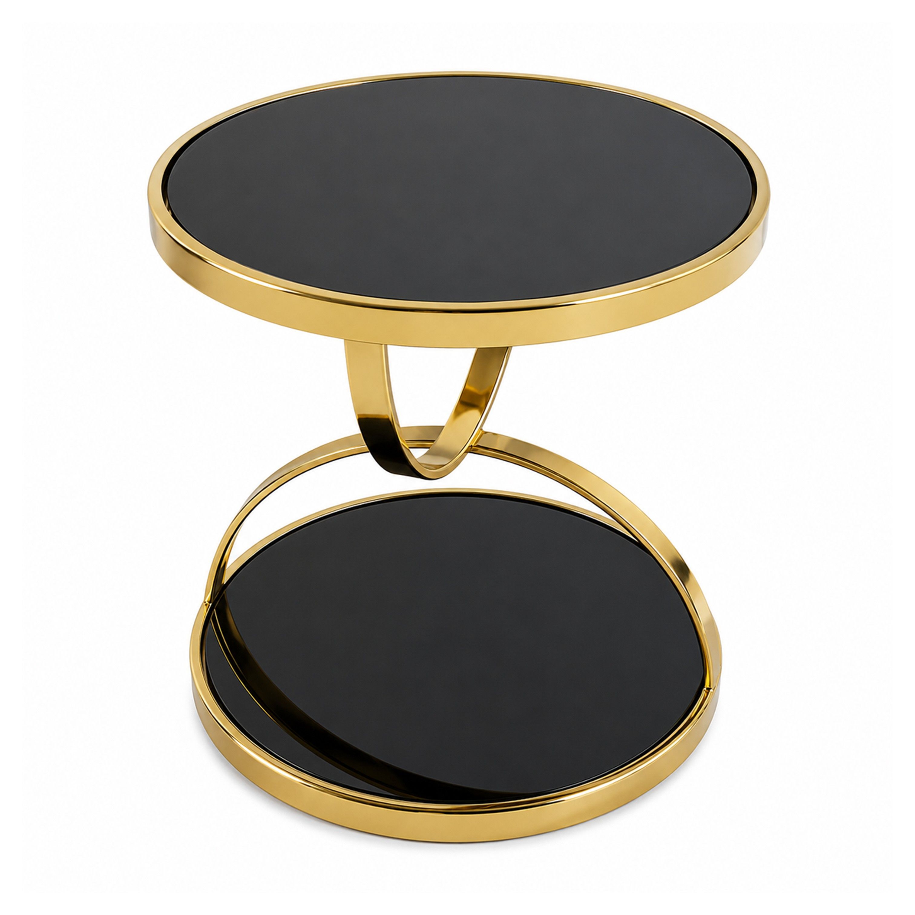 Madiega Furniture - Modern Round Black Glass & Gold Metal 2-Tier Side Table