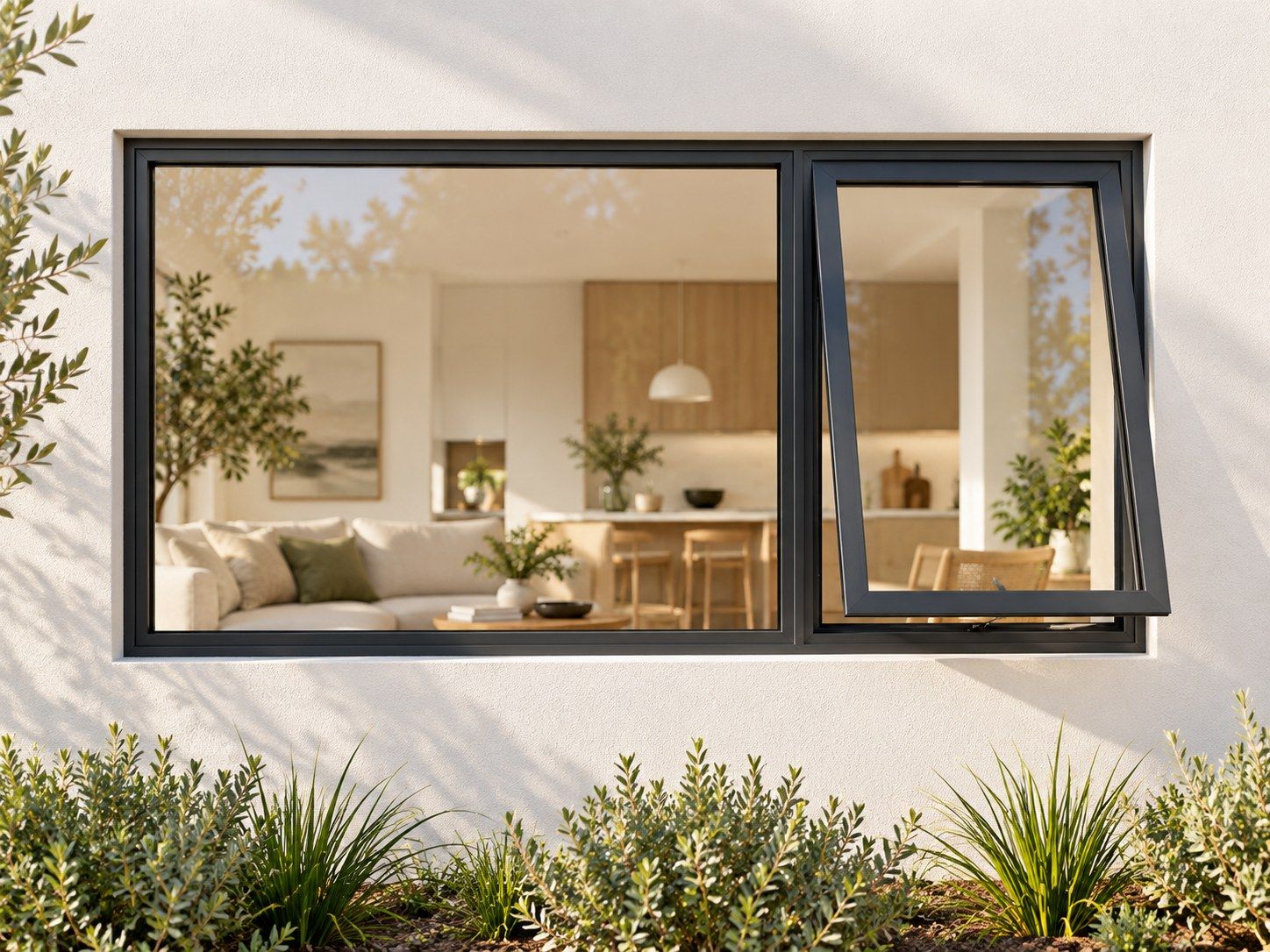 Kenzo Premium Top-Hung Aluminium Window - Charcoal, 1500 600 mm, Right Upper Opener with Fixed Side Pane, Clear Glass