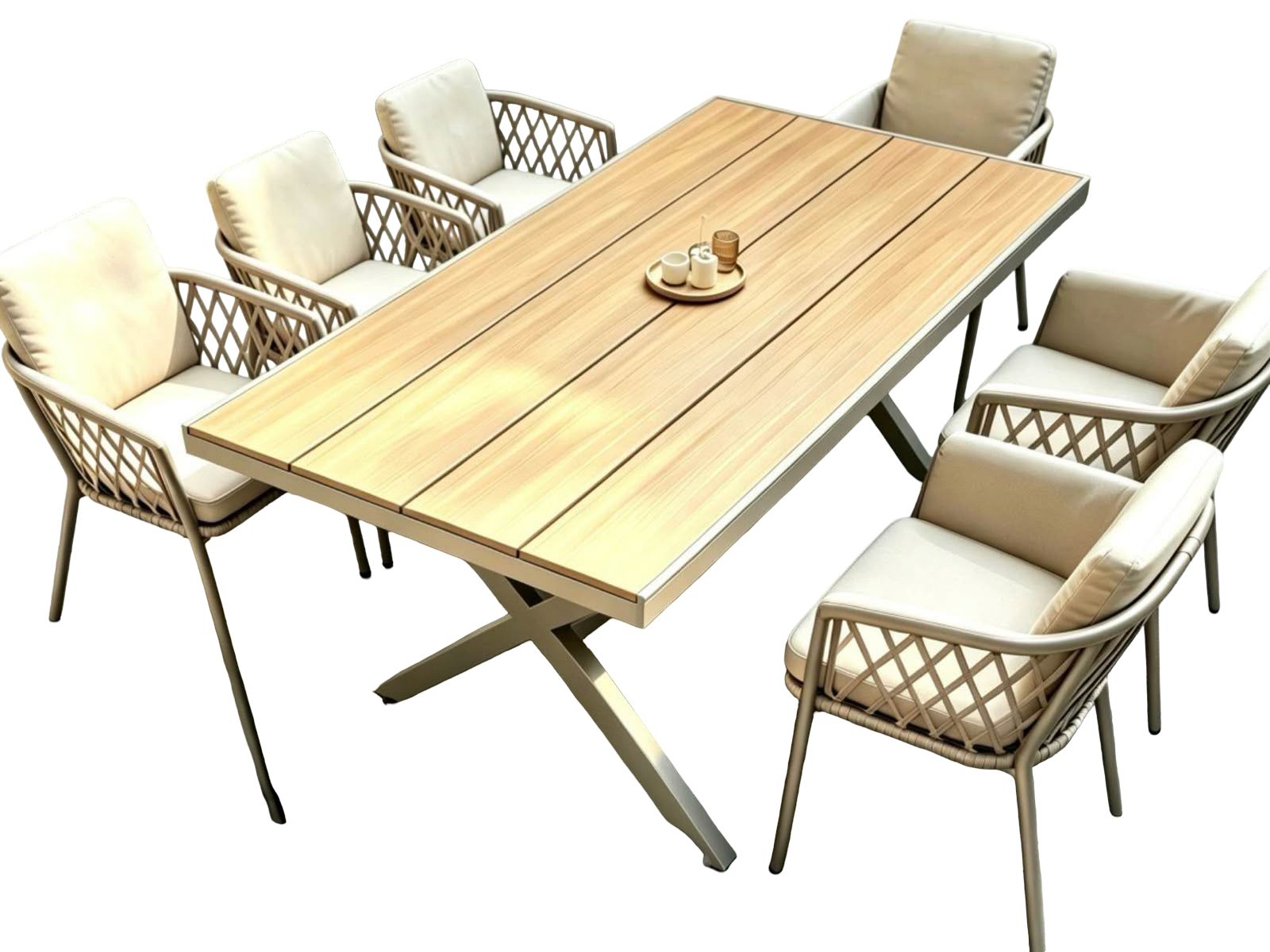 7-Piece Outdoor Teak-Look & Rope Dining Set with X-Frame Table