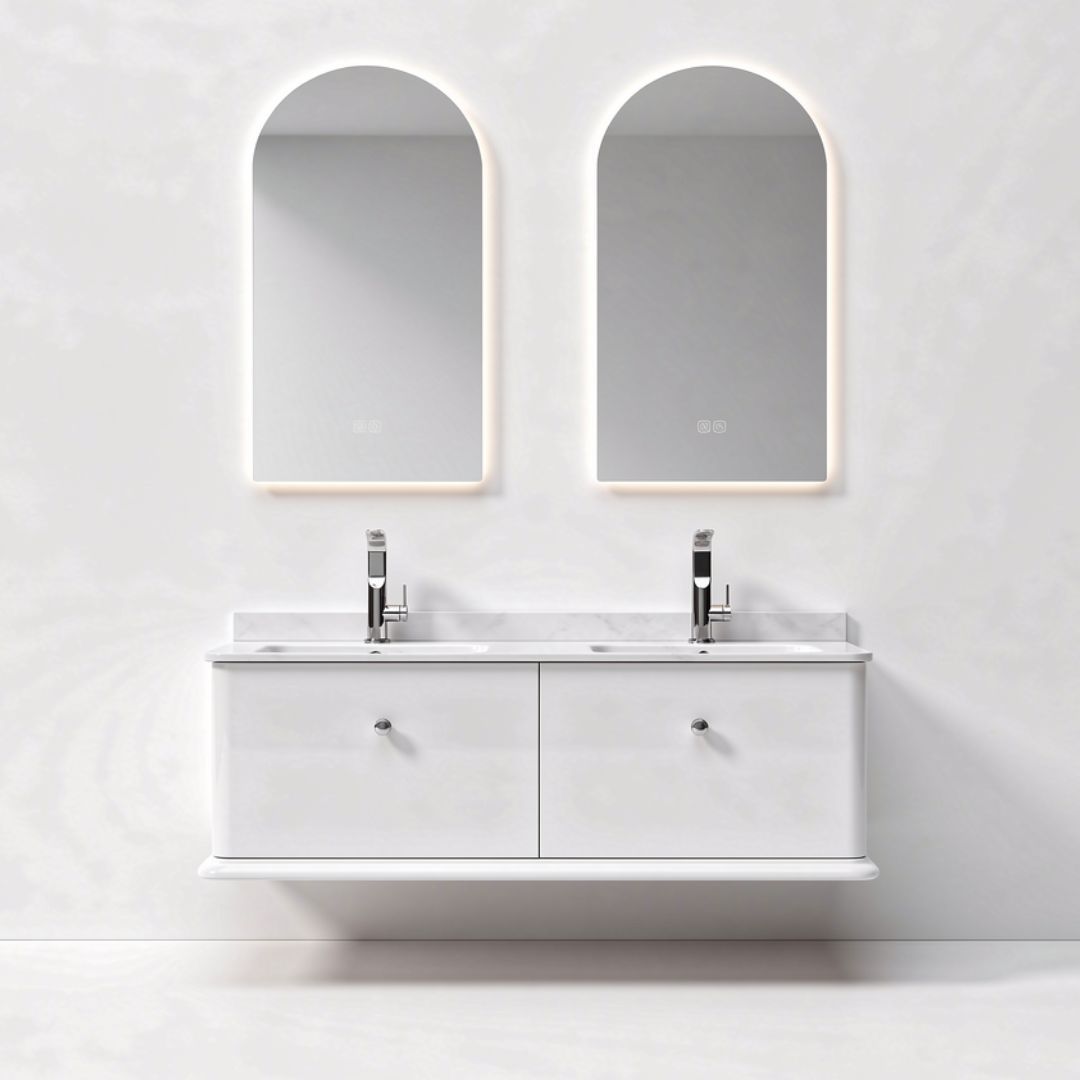 Urban Soak 47" Wall-Mounted Double Bathroom Vanity Cabinet Set with Two Arched Mirrors – White PVC -Double Sink