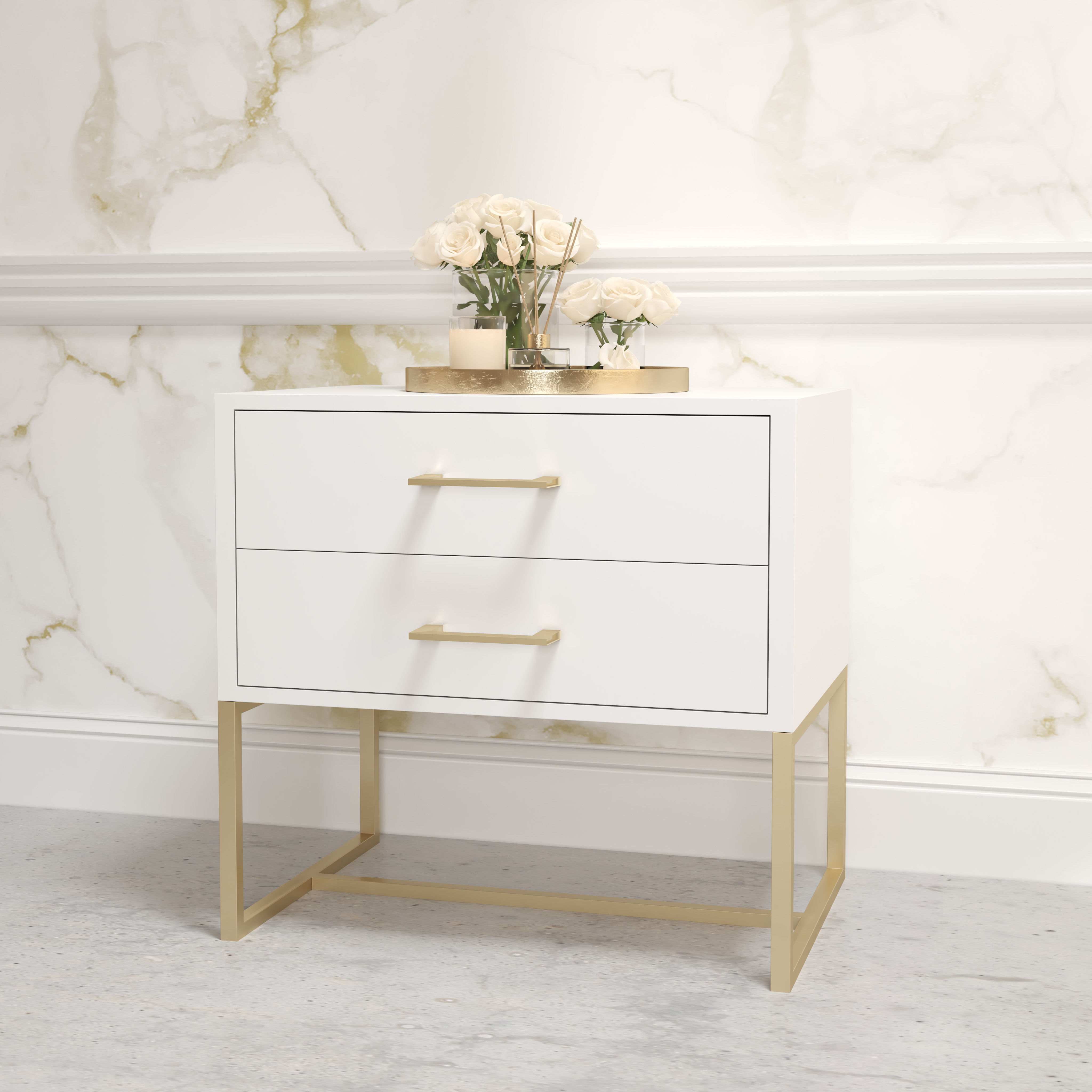 Bedside Pedestal Lilo Satin White - Gold Frame