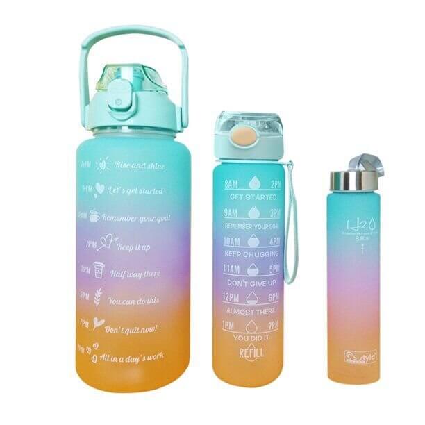 Set of 3 Motivational Water Bottles - Blue,Purple and Orange