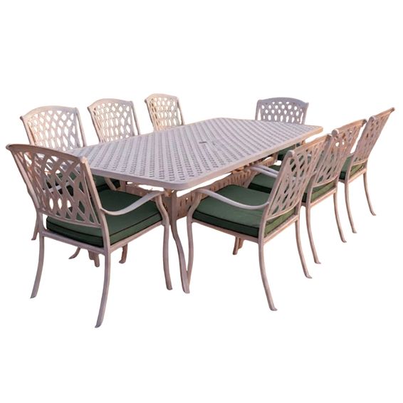 Tuscan Aluminium Dining Set 8-Seater (White, Green Cushions)