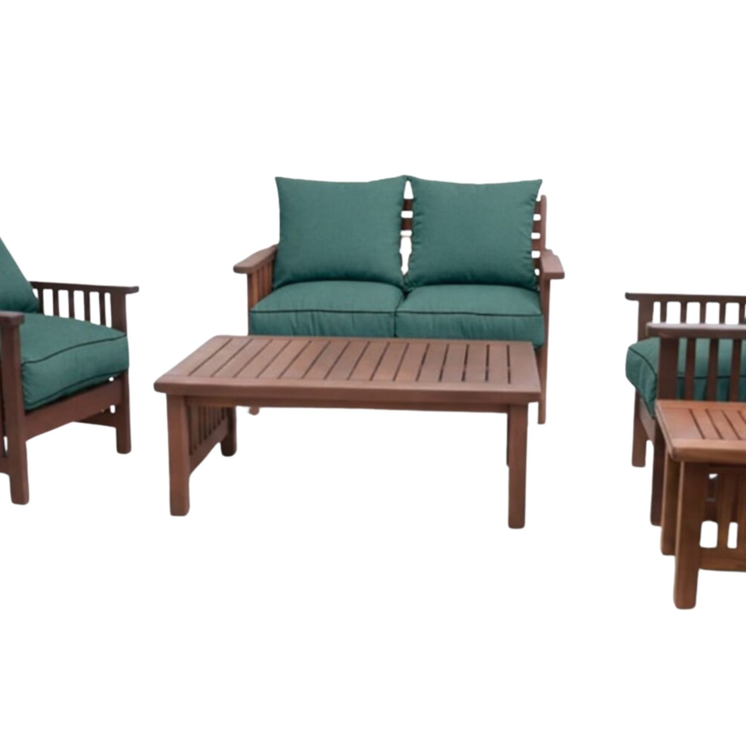 Zambezi Teak Lounge Set 5-Piece 4-Seater x2 1-Seater Chairs 1 Two-Seater Sofa Coffee Table Side Table (Green Cushions)