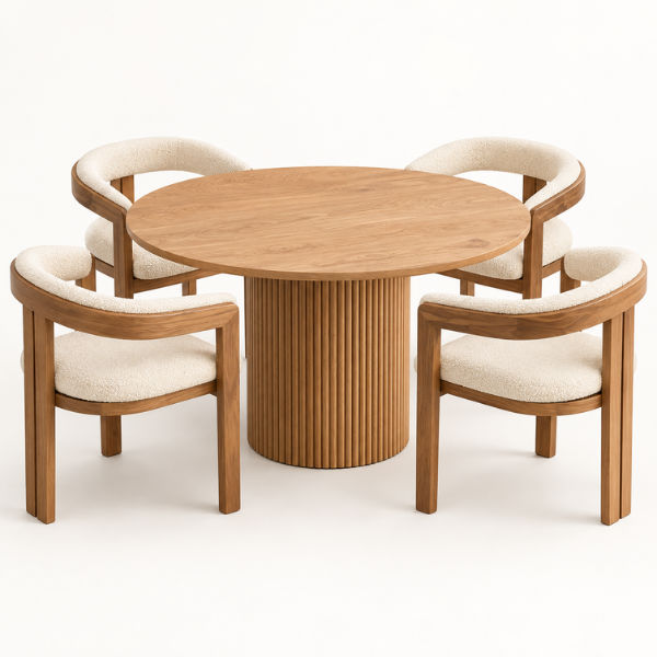 Califia Solara 5-Piece Round Dining Set - Natural Wood & Cream