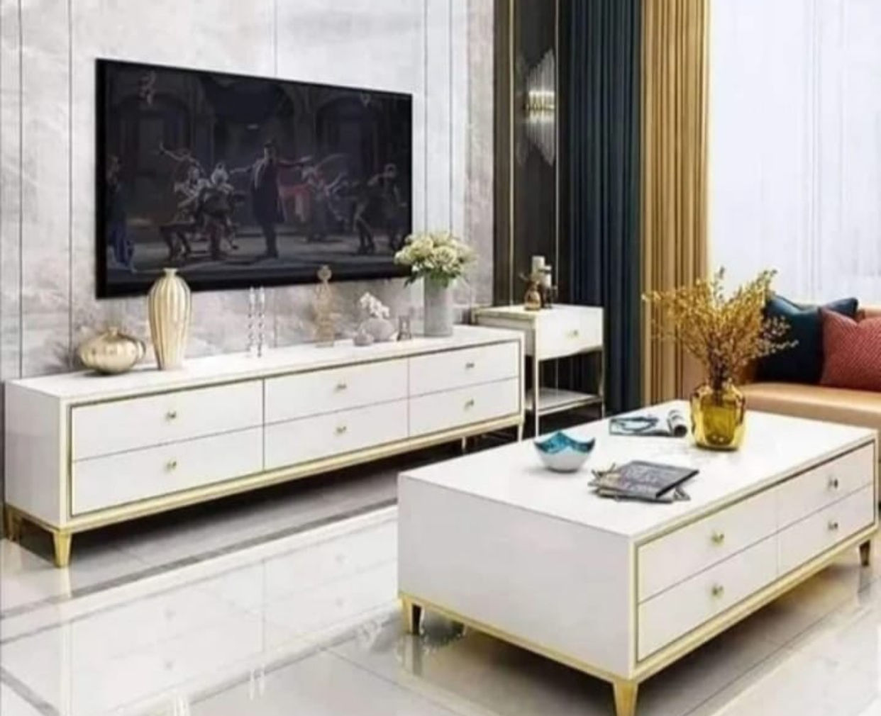 EFURN- Asher Coffee Table & Tv Stand Set (White)