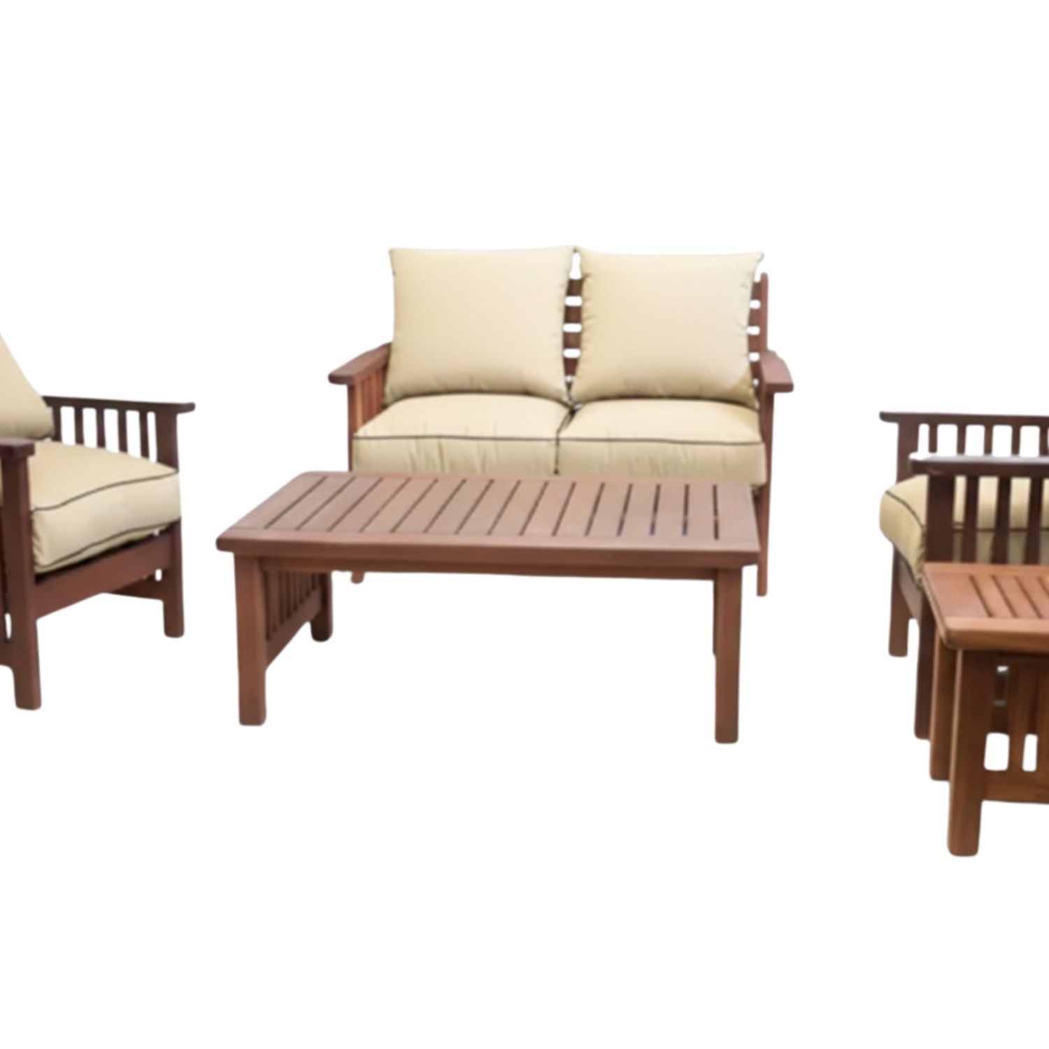 Zambezi Teak Lounge Set 5-Piece 4-Seater x2 1-Seater Chairs 1 Two-Seater Sofa Coffee Table Side Table (Beige Cushions)