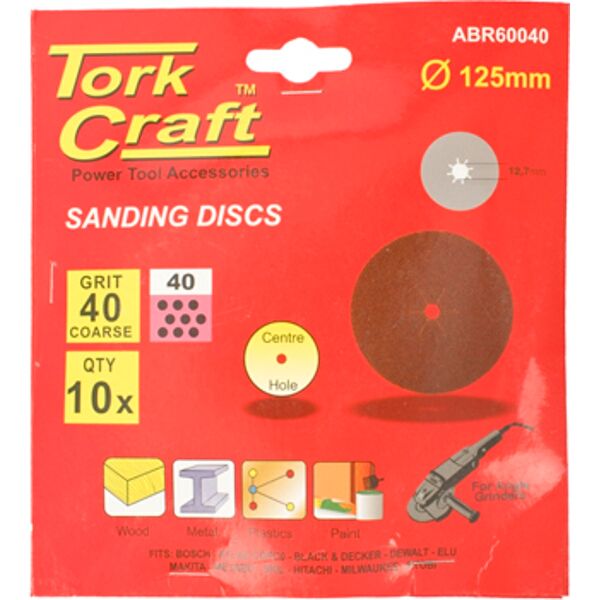 Sanding Disc 125Mm 40 Grit Centre Hole 10/Pk