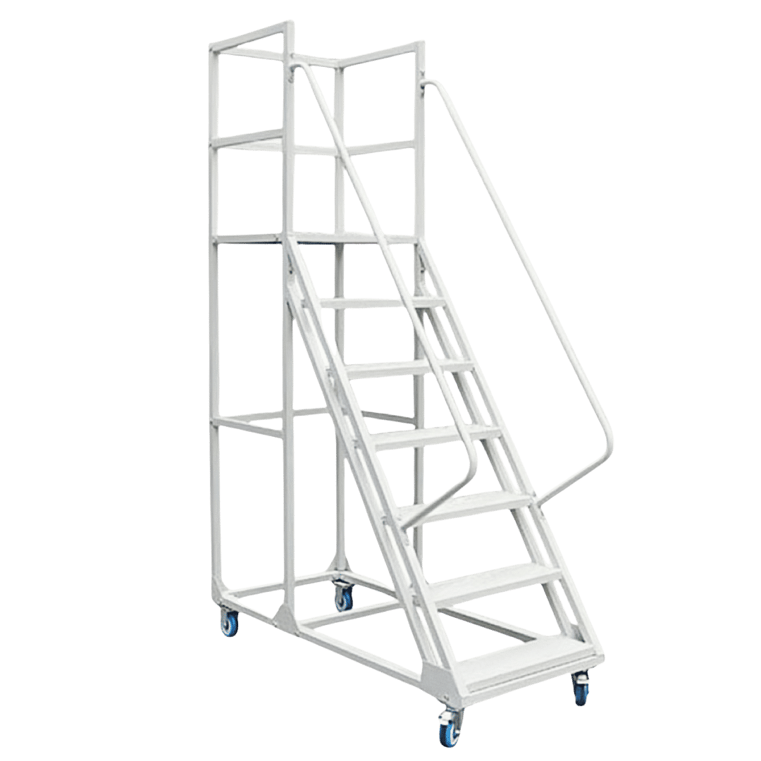 Steel 7 Step Mobile Safety Step Ladder - Mounty Rollstep - Light Grey